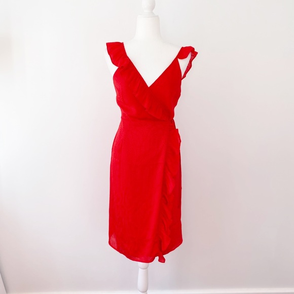 NWOT Red Flutter Strap Ruffle Wrap Midi Dress - Picture 2 of 6